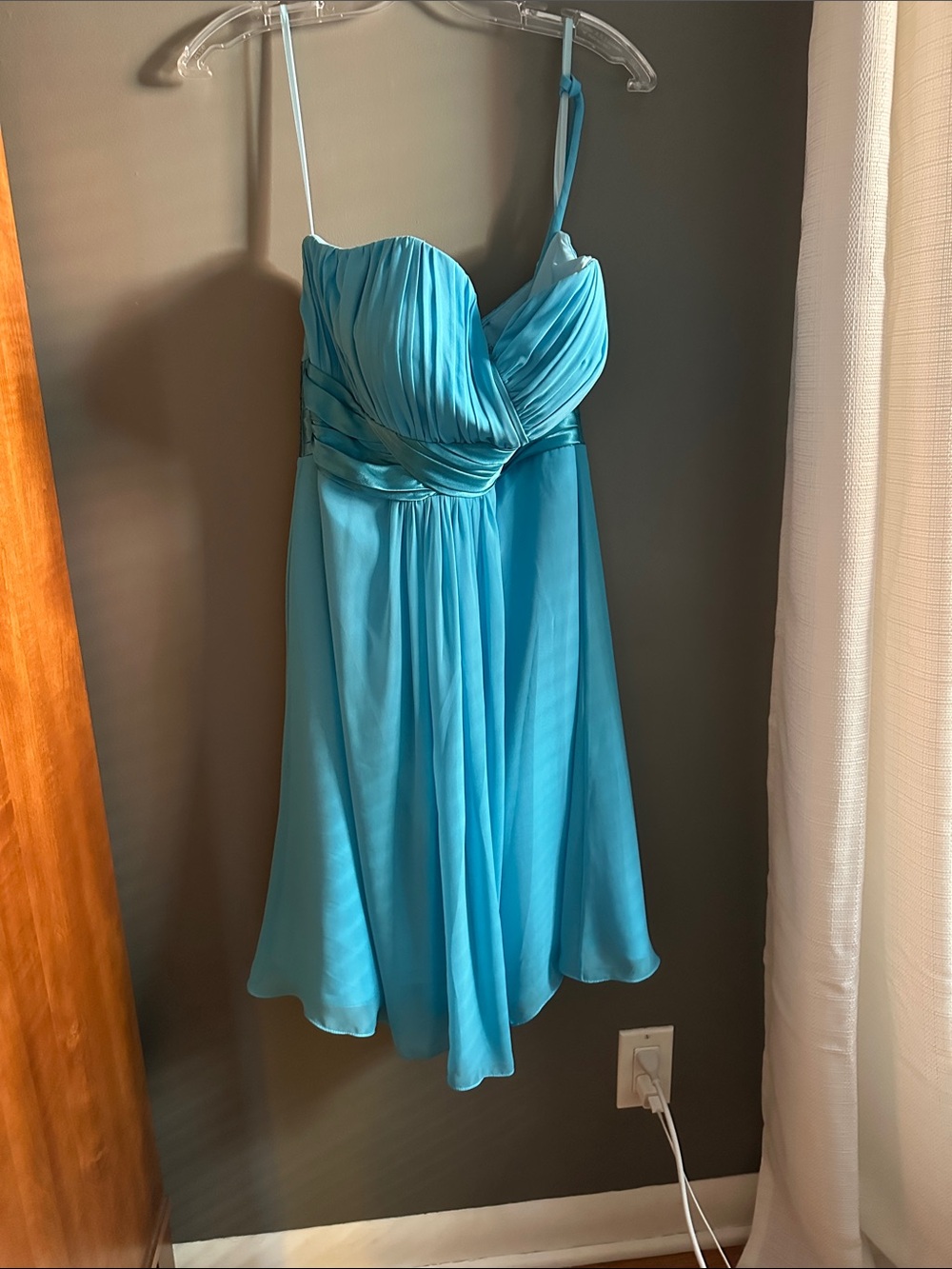 Strapless Aqua Blue Midi Dress with Pleated Bodice